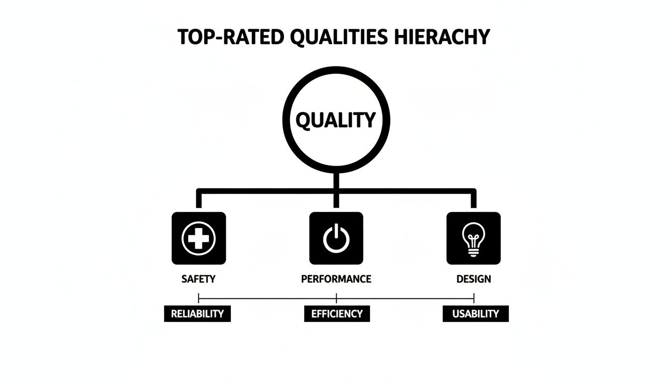 A hierarchy diagram showing top-rated qualities: Quality branches into Safety, Performance, Design, further detailed.