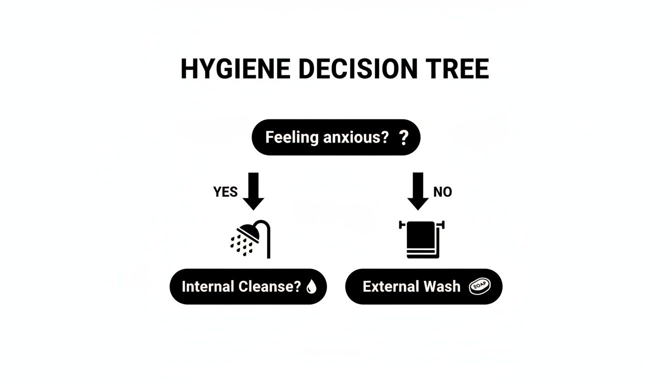 A hygiene decision tree flowchart for anxiety, leading to internal cleansing with a shower or external wash with a towel.