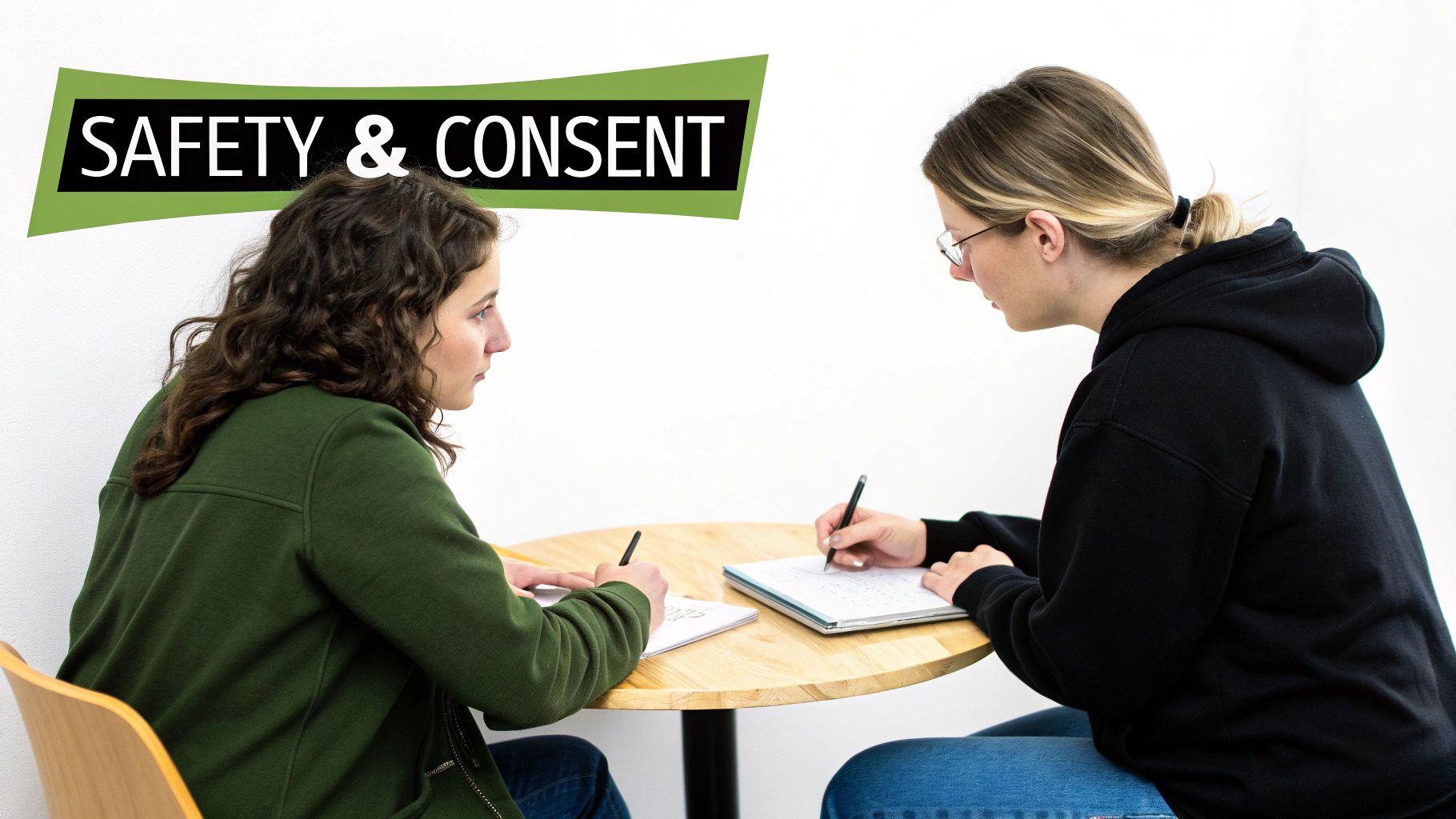 Two women sitting at a table, writing in notebooks, with a 'SAFETY & CONSENT' banner overhead.