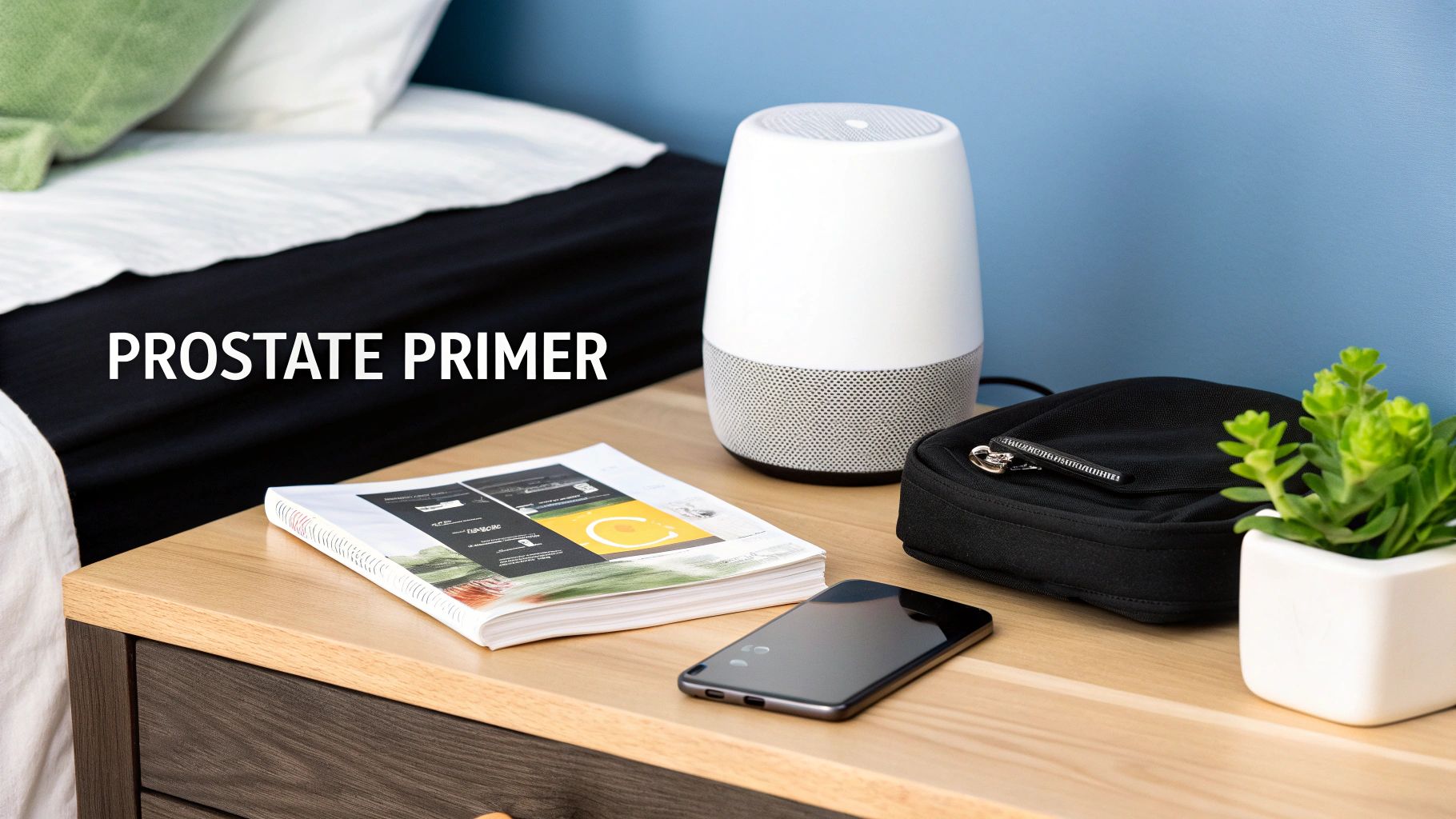 A nightstand featuring a smart speaker, a magazine with 'Prostate Primer' on the cover, and a phone.