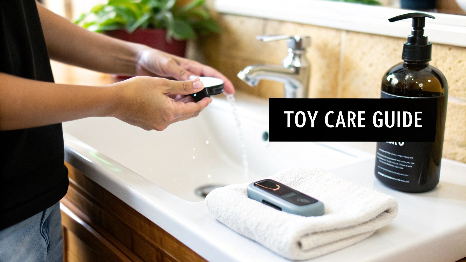 Hands wash a small personal care device under a faucet in a bathroom sink, with another on a towel.