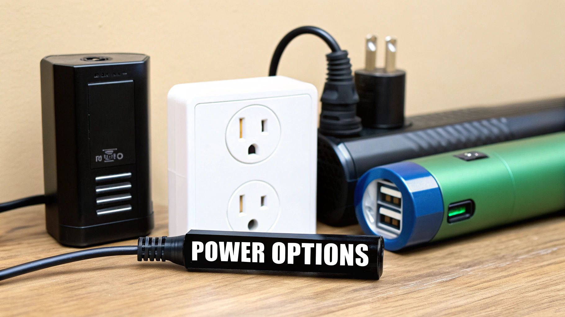 Various power options including a wall outlet adapter, power strip, and portable USB charger on a wooden desk.