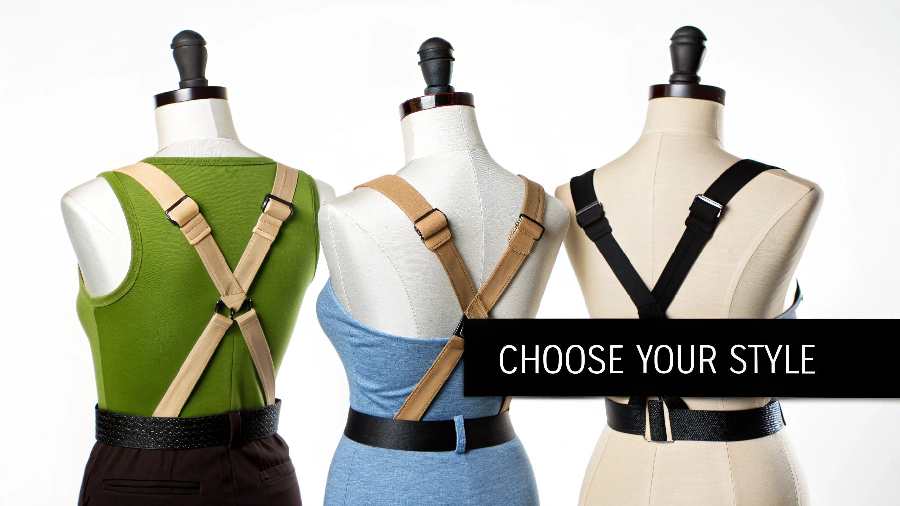 Back view of three mannequins showcasing different strap-on harness styles and colors.
