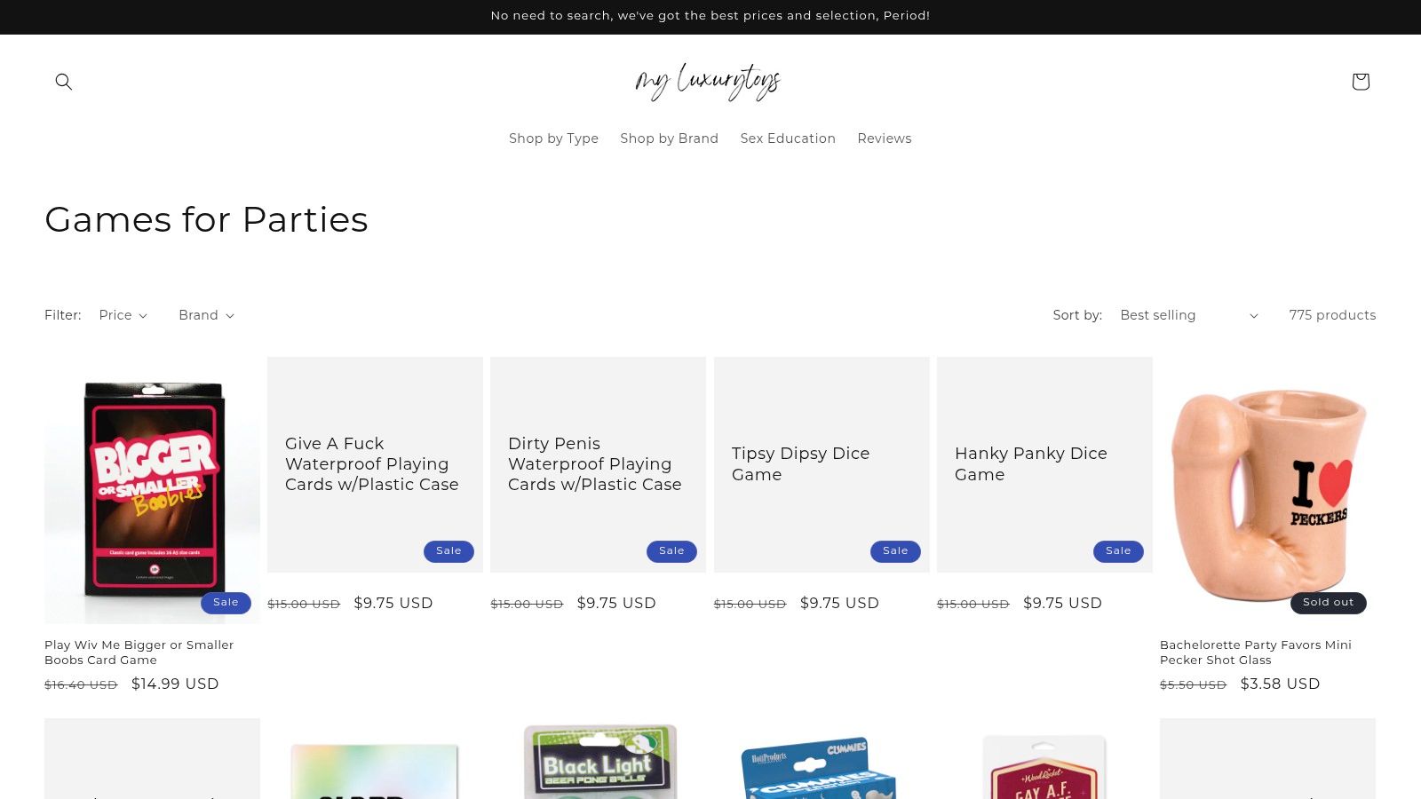 A selection of adult-themed party games and novelty items displayed on a colorful background.