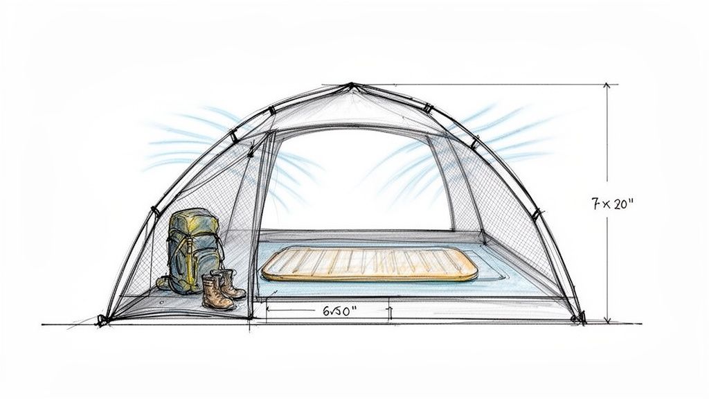 Sketch of a single person backpacking tent, showing its interior with a backpack, boots, and sleeping pad, with dimensions.