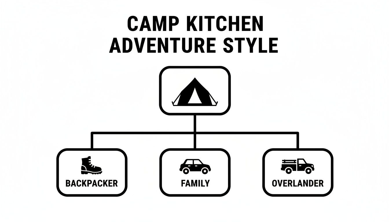 Diagram illustrating 'Camp Kitchen Adventure Style' with a tent icon, categorizing into Backpacker, Family, and Overlander setups.