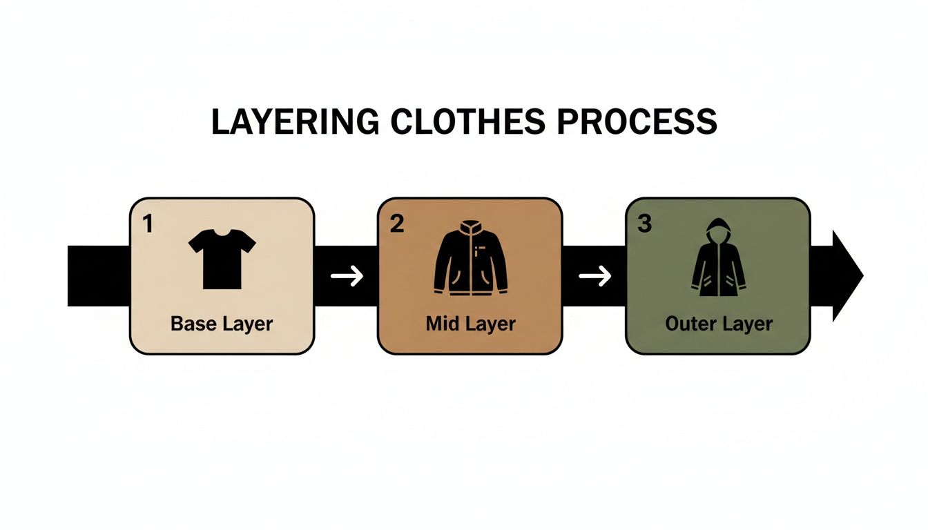 A diagram illustrating the layering clothes process with base, mid, and outer layers.