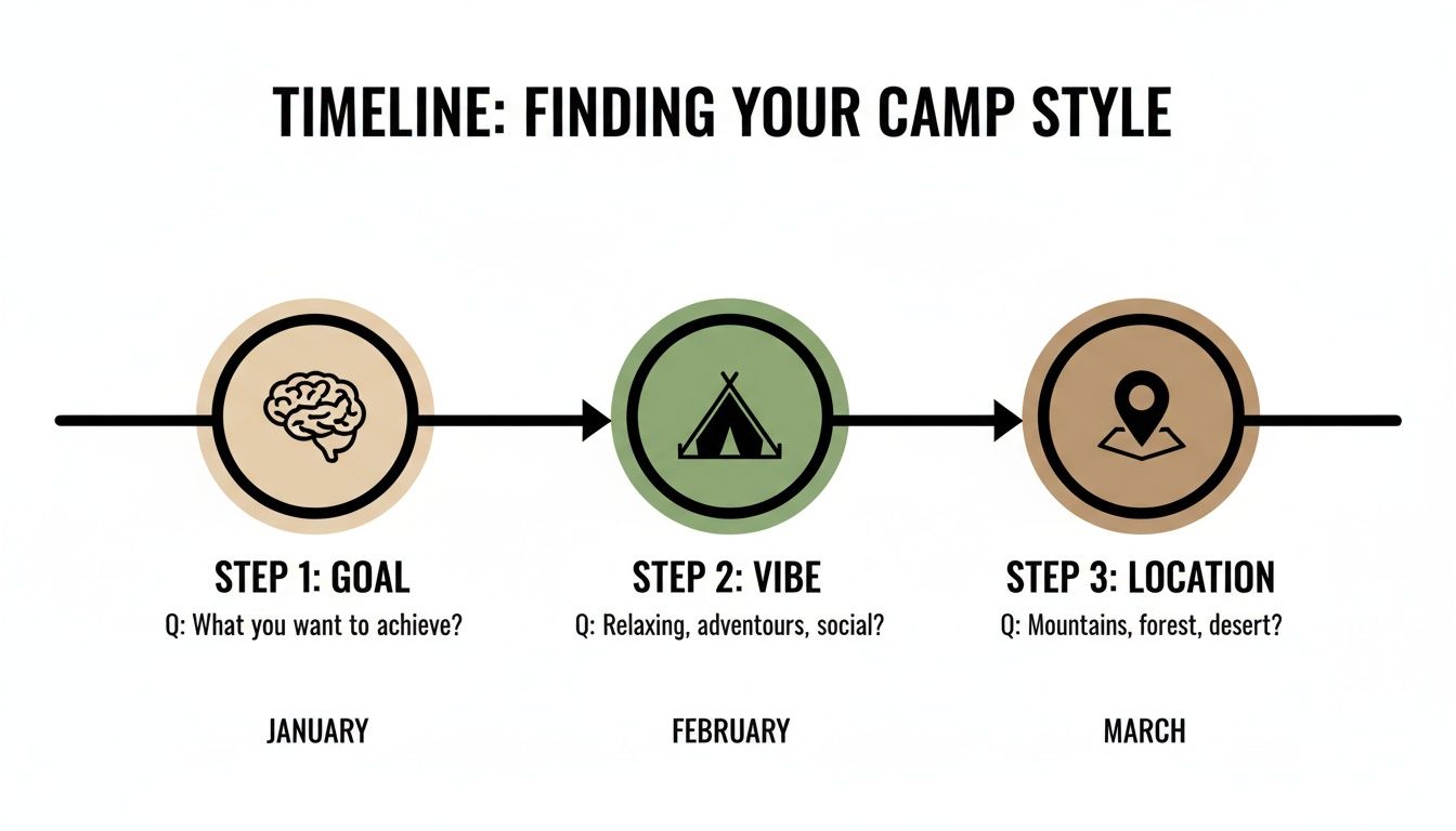 A timeline graphic titled 'Finding Your Camp Style' with three steps: Goal, Vibe, and Location, spanning January to March.