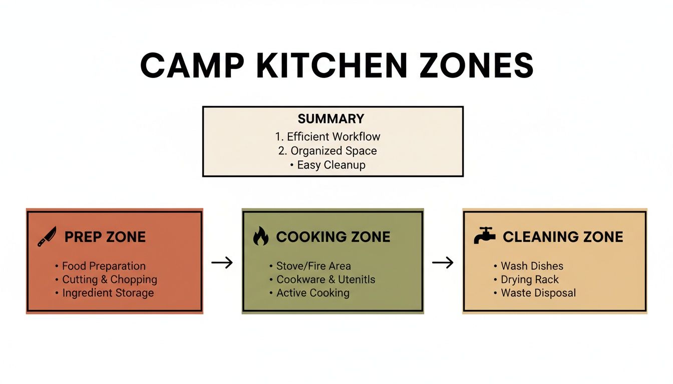 A diagram illustrating camp kitchen zones: Prep, Cooking, and Cleaning, for an organized and efficient setup.