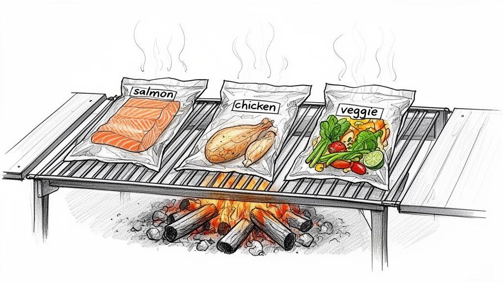 Vacuum-sealed bags of salmon, chicken, and vegetables cooking on a grill over a campfire.