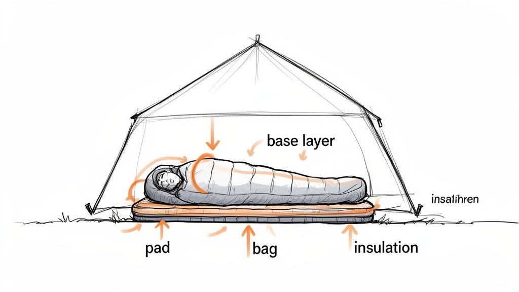 Illustration of a person in a sleeping bag on an insulated pad inside a tent, showing heat retention.