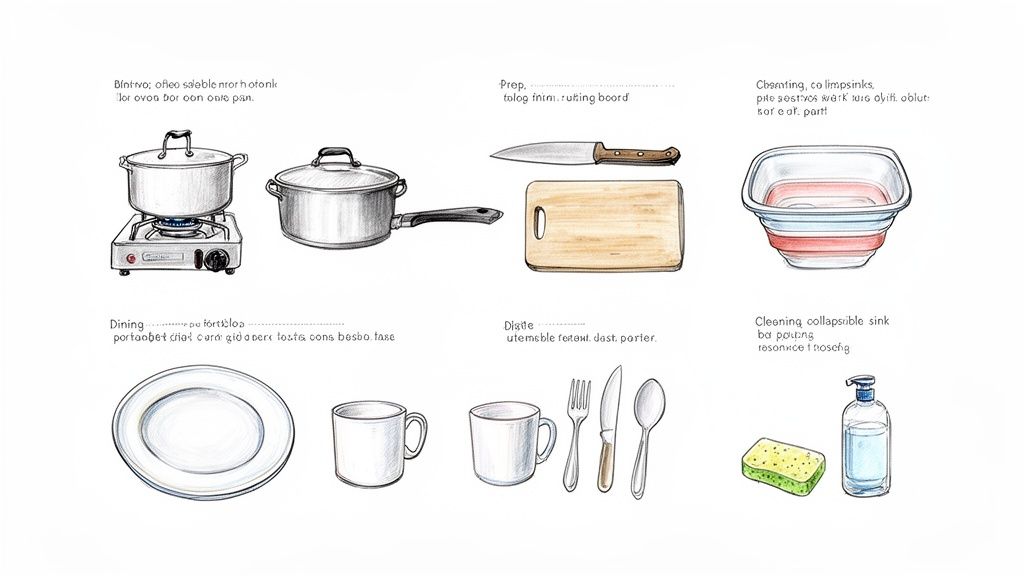 Various camping kitchen essentials including a portable stove, pots, knife, cutting board, sink, plate, and cleaning supplies.