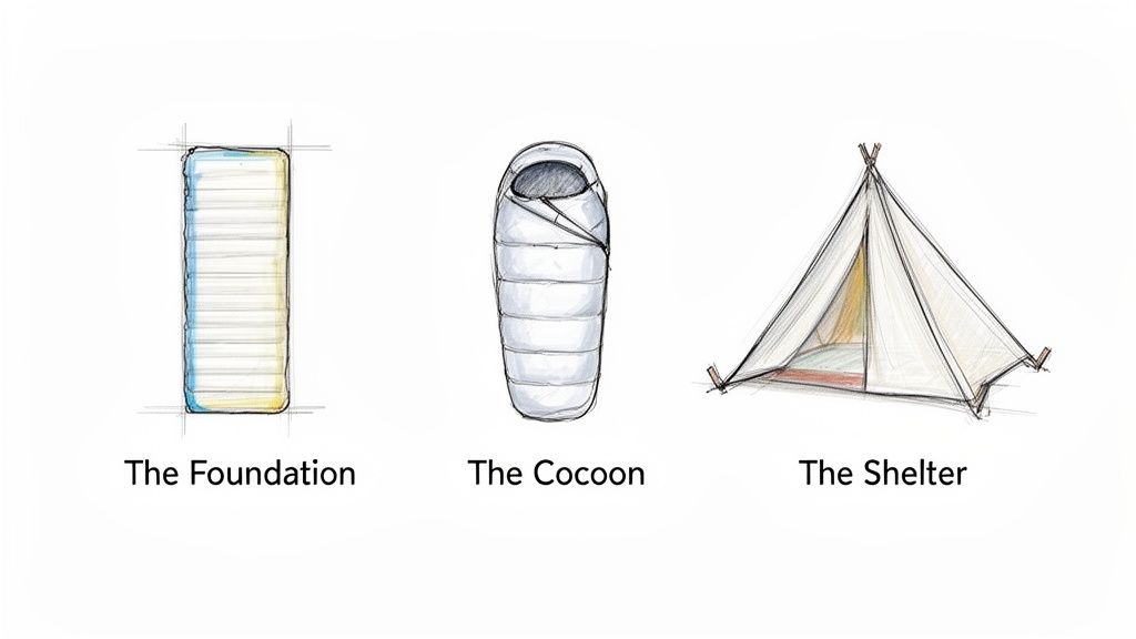 Sketches of a sleeping pad, sleeping bag, and tent, representing a complete camping sleep system.