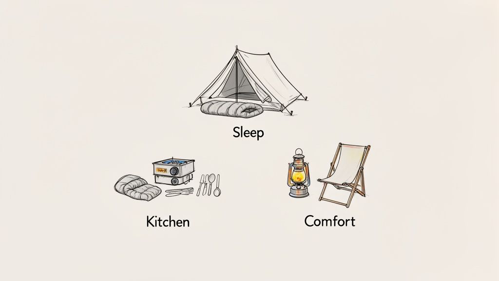 Illustration of essential camping gear organized into sleep, kitchen, and comfort categories for a trip.