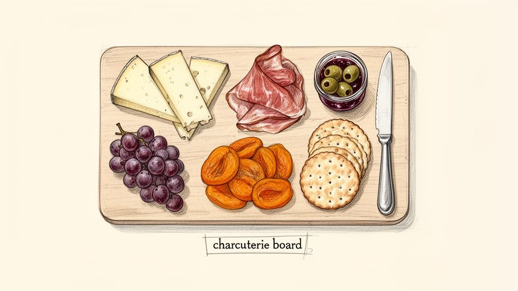 A rustic charcuterie board with cheese wedges, purple grapes, sliced cured meat, dried apricots, green olives, crackers, and a knife.