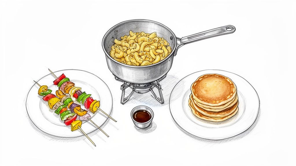 An illustration featuring macaroni on a camp stove, two skewers with vegetables and meat, and a stack of pancakes.
