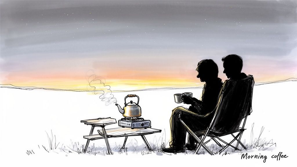 Two people enjoying morning coffee outdoors with a portable stove and kettle at sunrise.