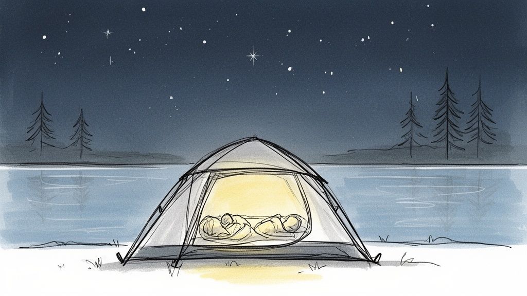 A peaceful night camping by a lake, two people sleeping inside a glowing tent under a starry sky.