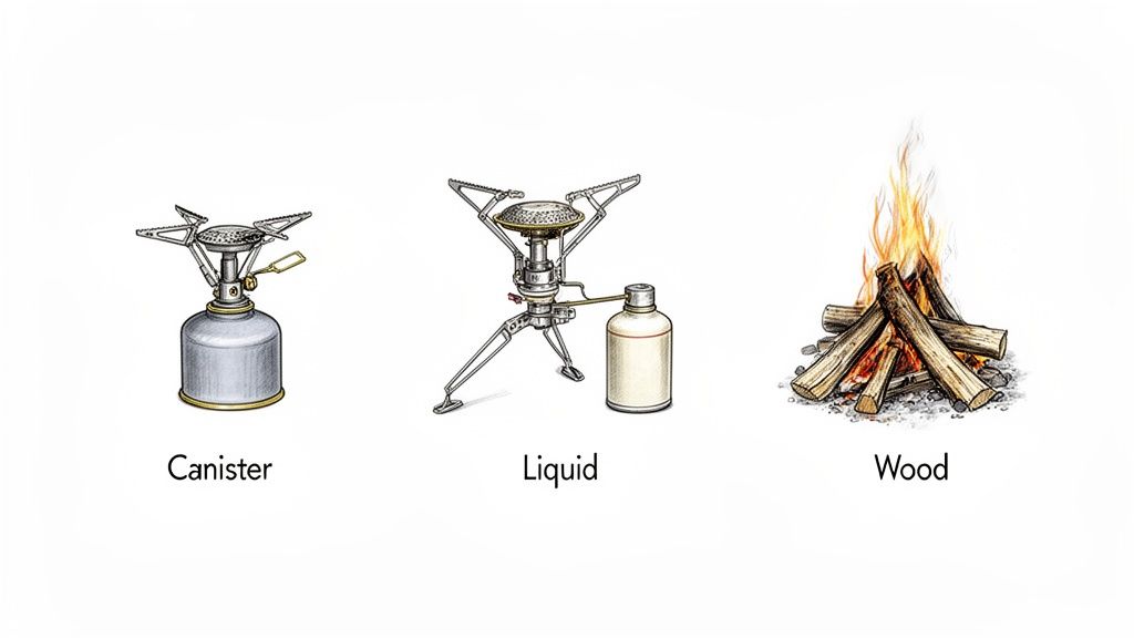 Illustrations of three common backpacking cooking methods: canister stove, liquid fuel stove, and a wood campfire.