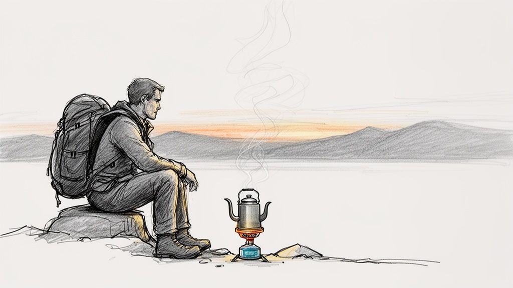 A sketch of a backpacker resting by a lake at sunset, boiling water on a camping stove.