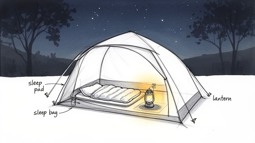 Illustration of a camping tent at night with a sleeping bag, pad, and glowing lantern inside.