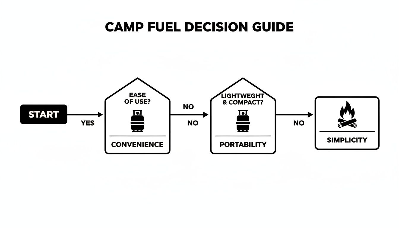 A camp fuel decision guide flowchart, illustrating choices based on ease of use, portability, and simplicity.