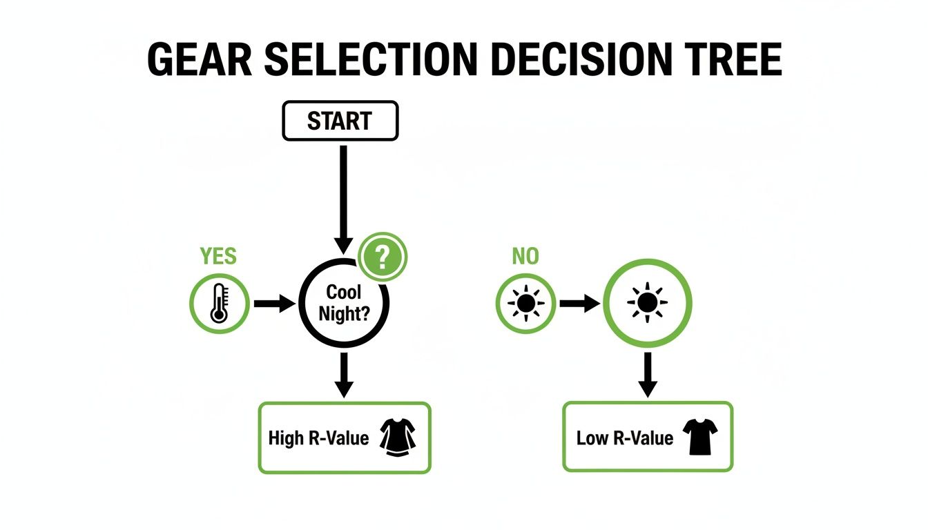 A gear selection decision tree flowchart for camping based on night temperature.
