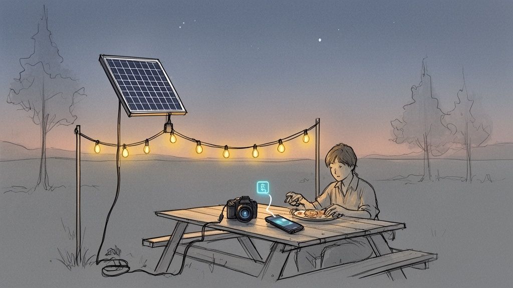 A person enjoys a meal at a picnic table, lit by solar-powered string lights at dusk.