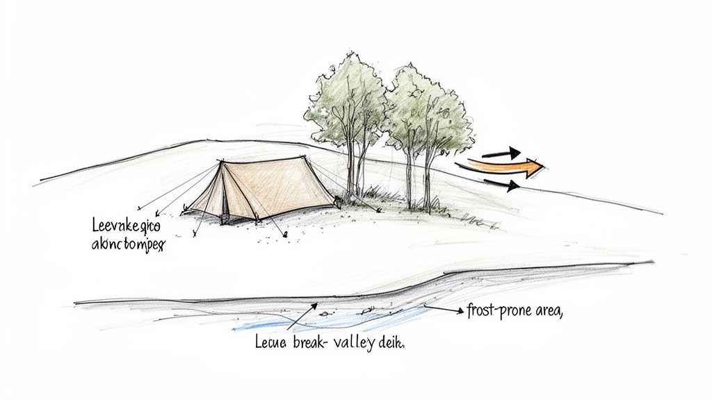 A camping tent is pitched on a hillside next to trees, indicating shelter from wind and a frost-prone valley below.
