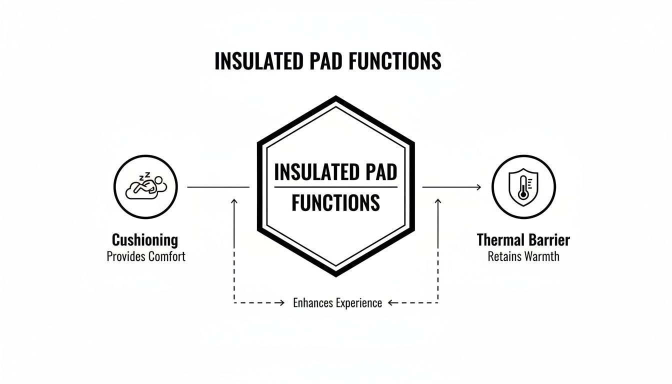 Diagram illustrating insulated pad functions: cushioning for comfort, thermal barrier for warmth, enhancing the experience.