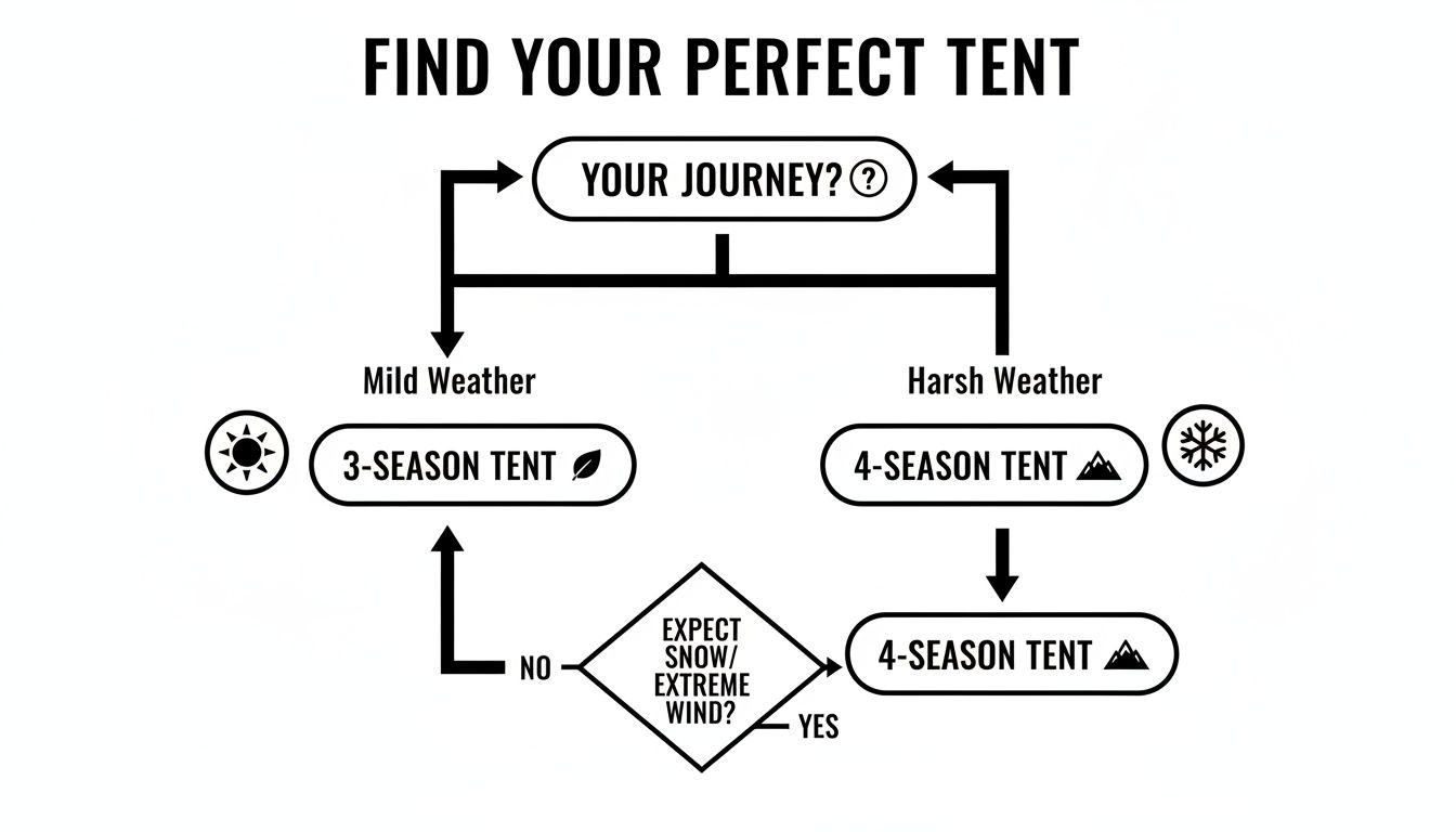 Flowchart illustrating how to choose the perfect tent based on weather conditions and extreme wind/snow.