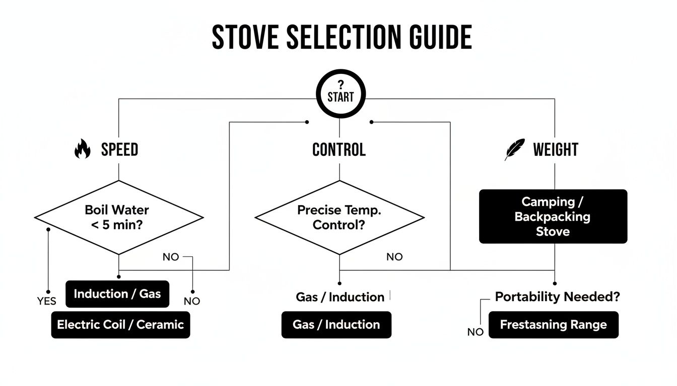 A flowchart titled 'Stove Selection Guide' helps users choose a stove based on speed, control, and weight.