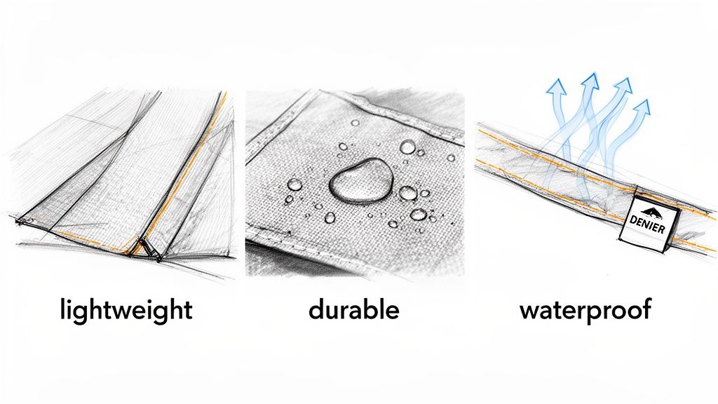 Three sketches show product features: lightweight fabric, durable water-resistant material, and waterproof breathable textile.