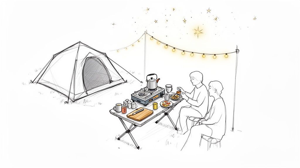 Two people enjoy a meal at a portable camp kitchen setup under string lights and stars.