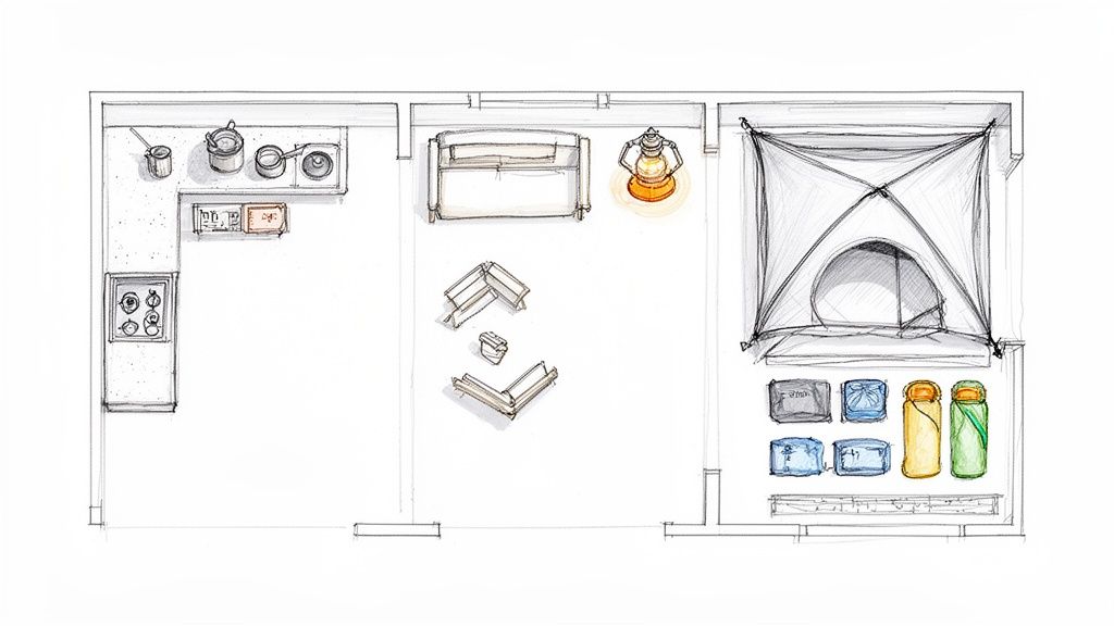 Floor plan sketch showing a kitchen, living area, and a bedroom with a tent and camping gear.