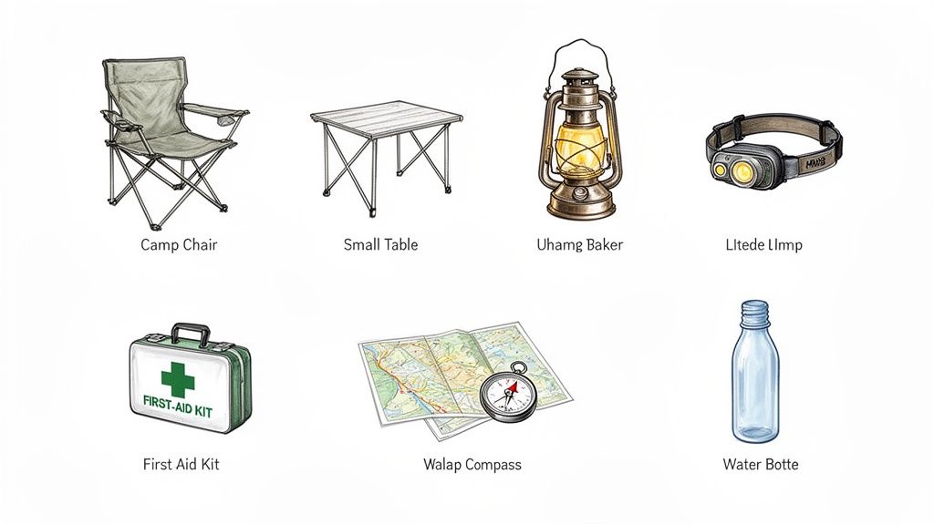 Essential camping and outdoor gear items displayed: chair, table, lantern, headlamp, first aid kit, map, compass, and water bottle.
