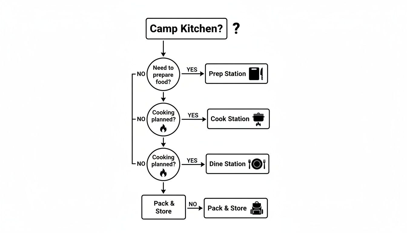 A flowchart outlining decision steps for setting up a camp kitchen based on needs for food preparation, cooking, or dining.