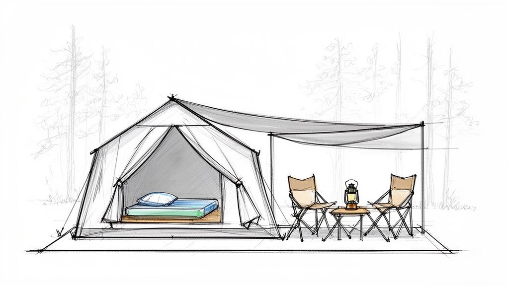 A detailed sketch of a camping setup featuring a tent with a bed, two chairs, a table, and a lantern under a tarp.