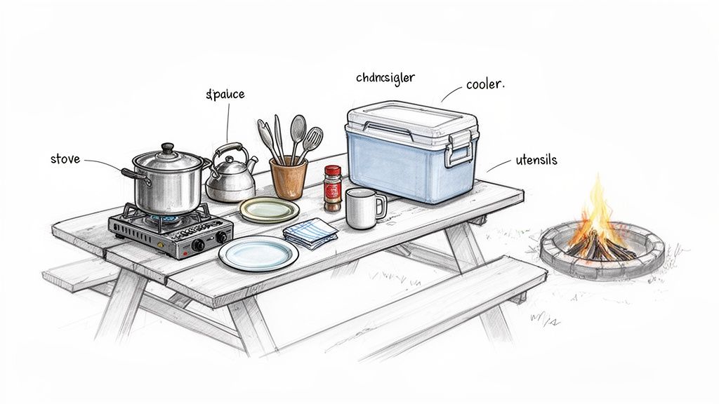 An outdoor camping setup with cooking gear on a picnic table and a campfire.