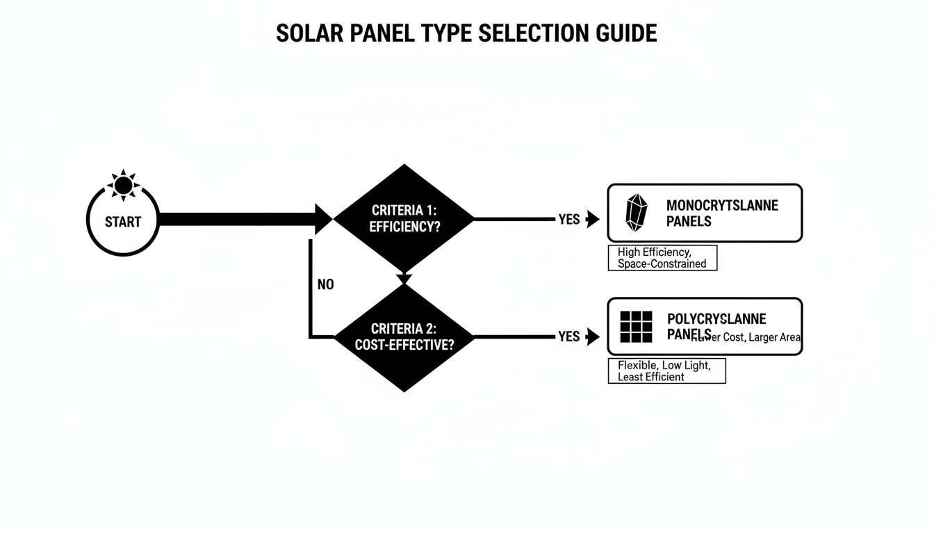 A flowchart guiding solar panel type selection based on efficiency and cost criteria for users.