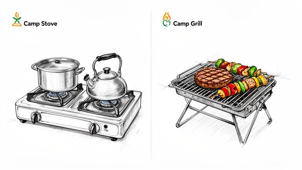 Detailed illustration of a camp stove with cooking pot and kettle, next to a camp grill with a burger and skewers.