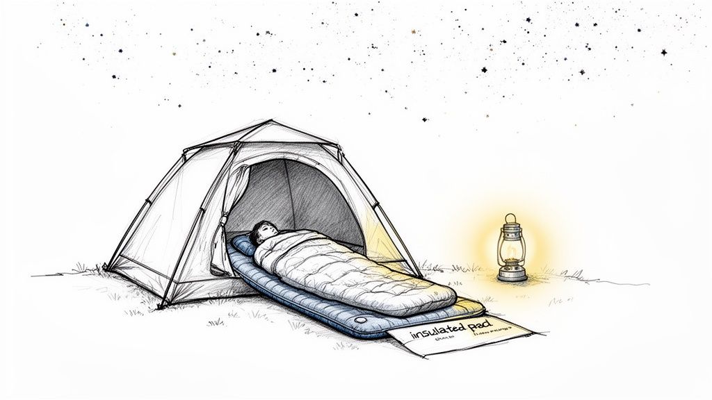 A person sleeps comfortably in a tent on an insulated pad under a starry night sky.