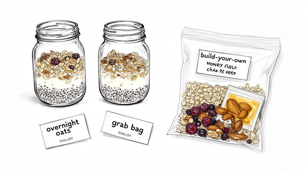 Sketch of overnight oats in jars, a grab bag with oats, berries, and almonds, and text labels.