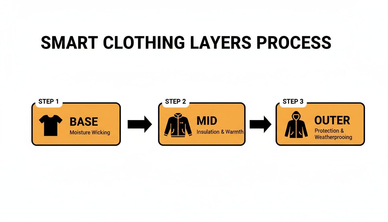 A diagram illustrates the smart clothing layers process: base, mid, and outer for warmth and weather protection.