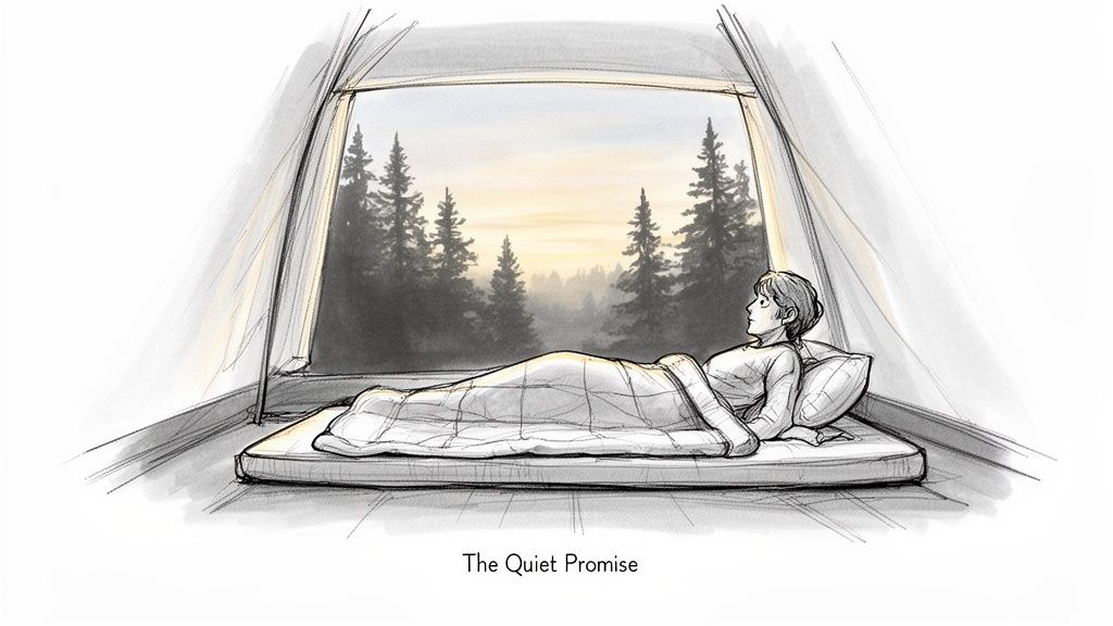 A person comfortably nestled in a tent, observing a serene forest and sunrise through the opening.