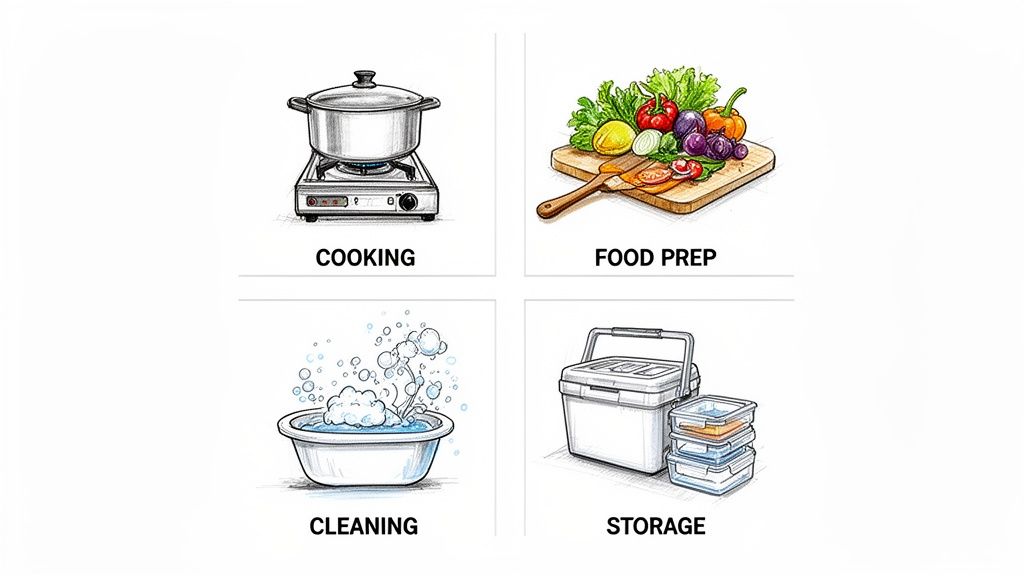 Four illustrated panels depicting essential camp kitchen activities: cooking, food prep, cleaning, and storage.
