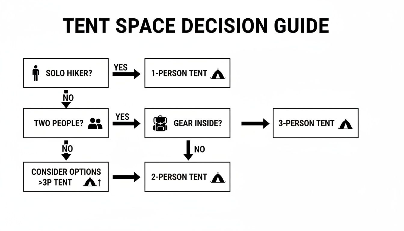 Flowchart decision guide for selecting tent space based on solo, two people, or gear.