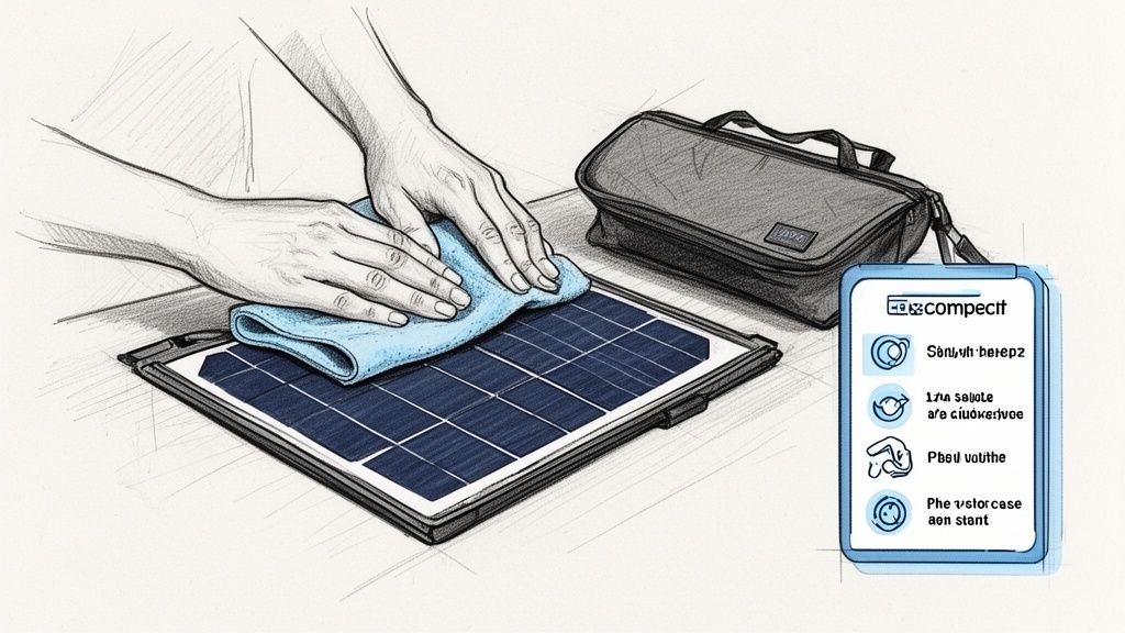 Sketch of hands cleaning a portable solar panel with a blue cloth, with a carrying case in the background.