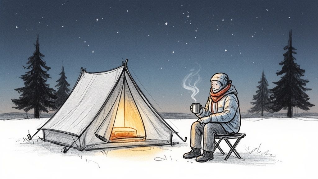 A person in winter gear camps in the snow at night, holding a steaming mug next to a glowing tent under a starry sky.