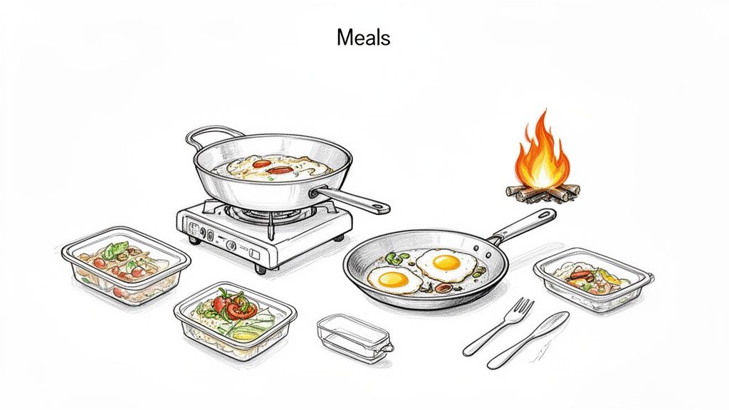 An illustration of various meals and cooking items, including eggs, meal prep containers, a portable stove, and a campfire.